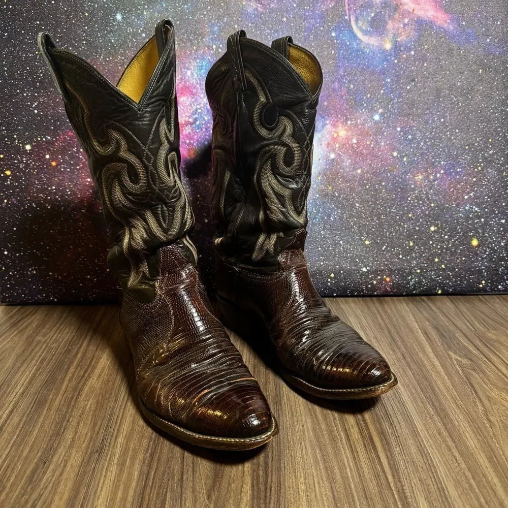 Tony Lama Brown Western Boots Teju Lizard Leather Men's 9.5 D‎ Made in USA 8536